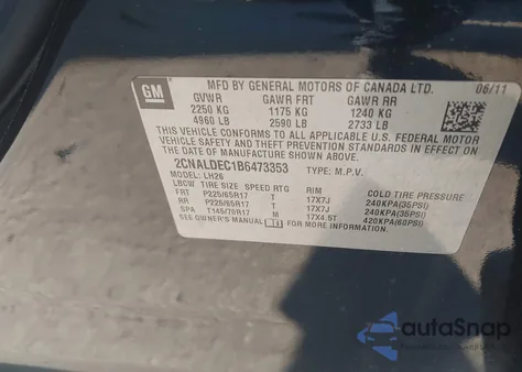 2011 Chevrolet Equinox 1Lt из США, поврежденный, VIN 2CNALDEC1B6473353